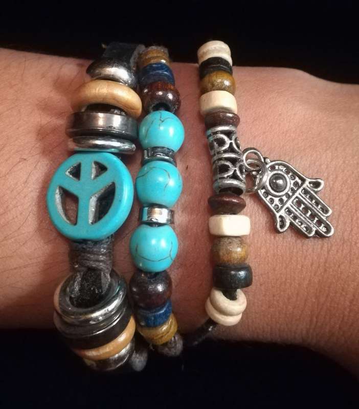 Unisex Multilayer Adjustable Beaded Leather & Wax String Bracelet with Peace & Hamsa Charm