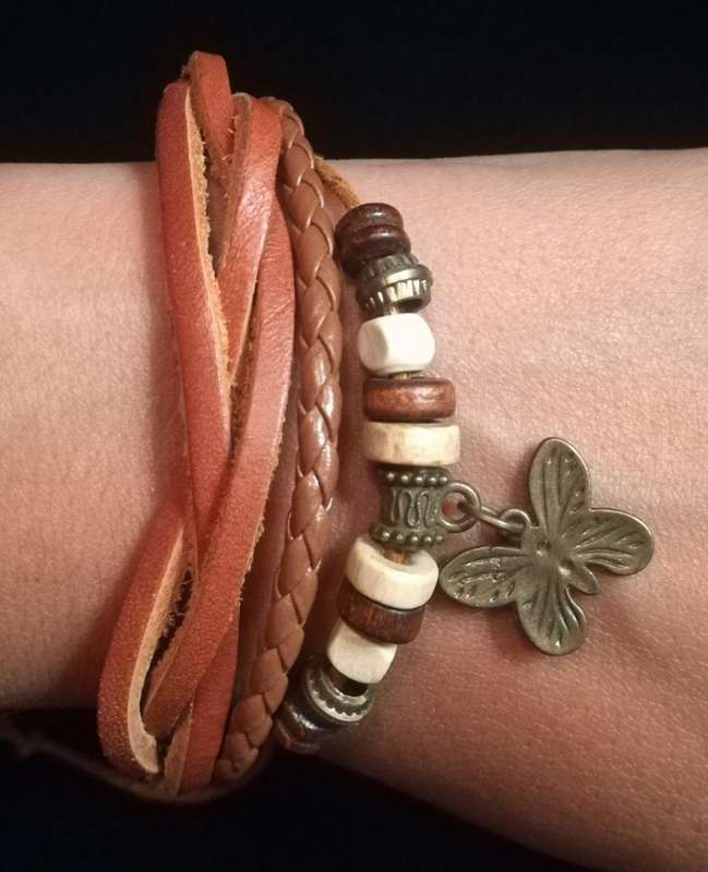 Unisex Multilayer Adjustable Beaded Leather & Wax String Bracelet with Butterfly Charm - Tan