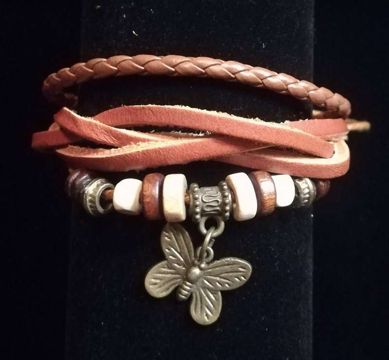 Unisex Multilayer Adjustable Beaded Leather & Wax String Bracelet with Butterfly Charm - Tan