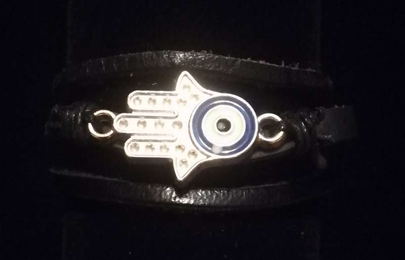 Unisex Multilayer Adjustable Leather & Wax String Bracelet  with Hamsa  - Black