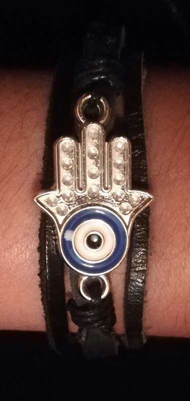 Unisex Multilayer Adjustable Leather & Wax String Bracelet  with Hamsa  - Black