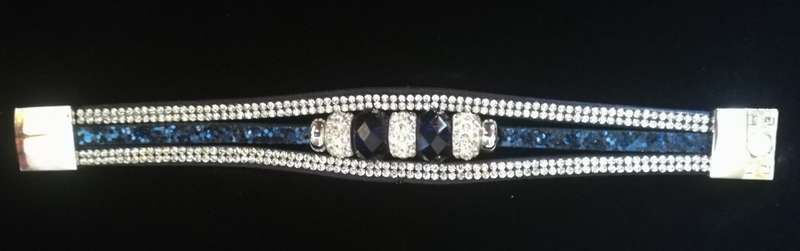 Multilayer Dark Blue Crystal Beaded & Rhinestone Vegan Leather & Suede Bracelet with Magnetic Clasp