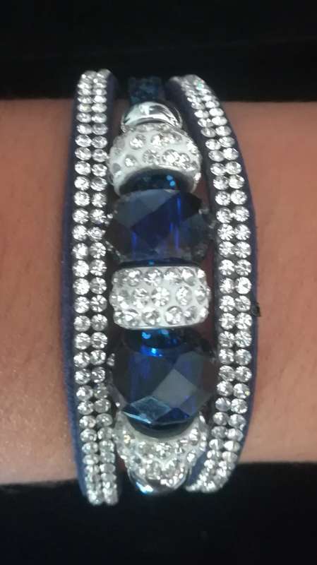 Multilayer Dark Blue Crystal Beaded & Rhinestone Vegan Leather & Suede Bracelet with Magnetic Clasp