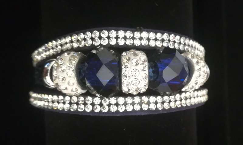Multilayer Dark Blue Crystal Beaded & Rhinestone Vegan Leather & Suede Bracelet with Magnetic Clasp