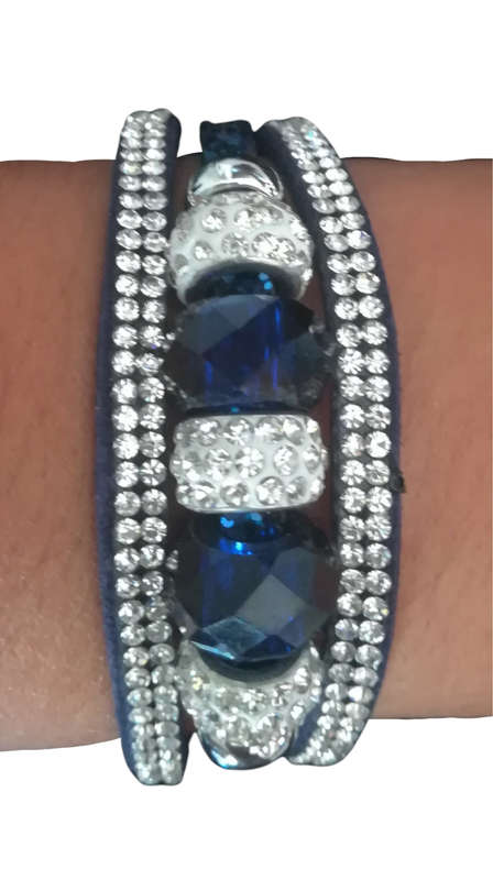 Multilayer Dark Blue Crystal Beaded & Rhinestone Vegan Leather & Suede Bracelet with Magnetic Clasp