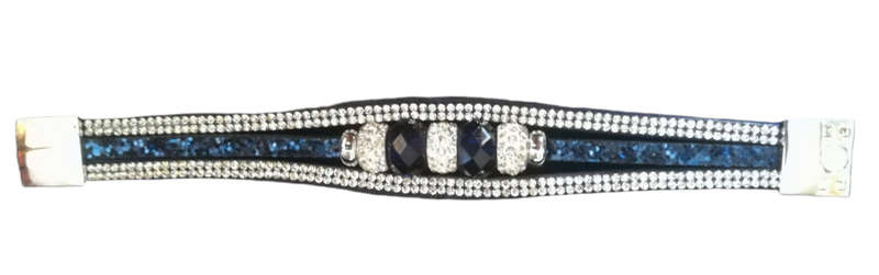 Multilayer Dark Blue Crystal Beaded & Rhinestone Vegan Leather & Suede Bracelet with Magnetic Clasp