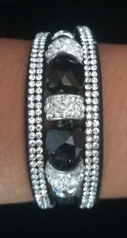 Multilayer Black Crystal Beaded & Rhinestone Vegan Leather & Suede Bracelet with Magnetic Clasp