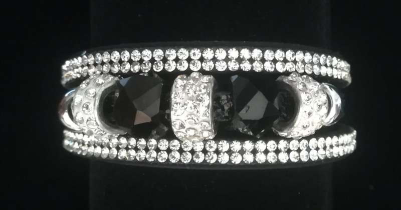 Multilayer Black Crystal Beaded & Rhinestone Vegan Leather & Suede Bracelet with Magnetic Clasp