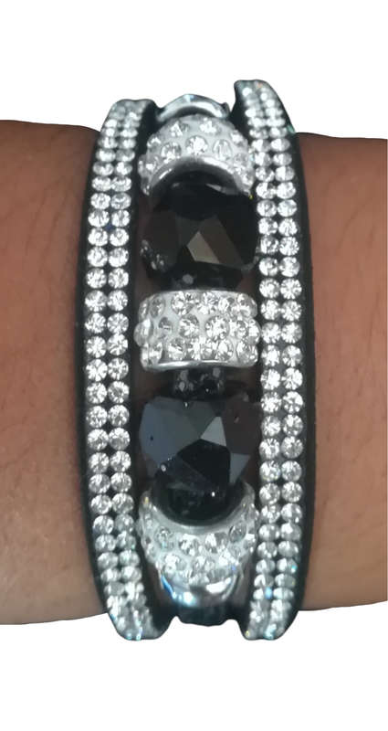 Multilayer Black Crystal Beaded & Rhinestone Vegan Leather & Suede Bracelet with Magnetic Clasp