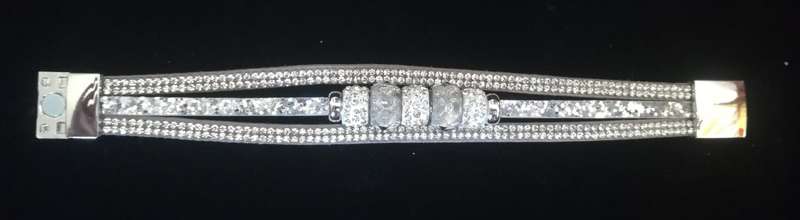 Multilayer Grey Crystal Beaded & Rhinestone Vegan Leather & Suede Bracelet with Magnetic Clasp