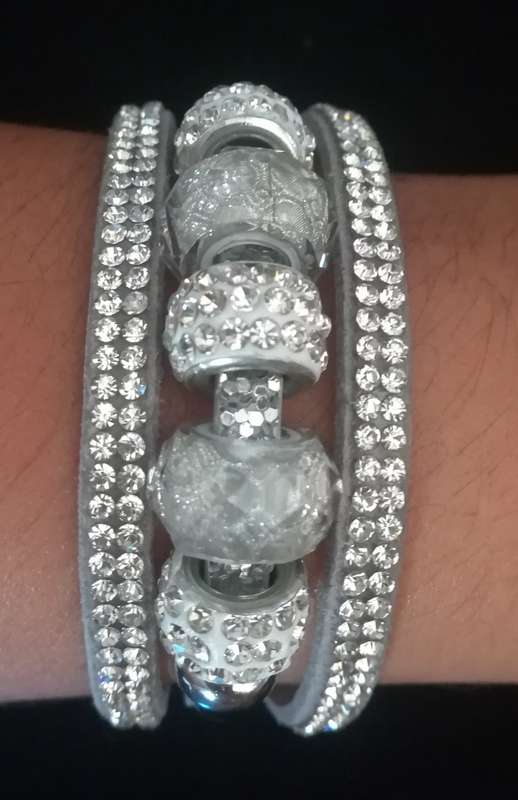 Multilayer Grey Crystal Beaded & Rhinestone Vegan Leather & Suede Bracelet with Magnetic Clasp