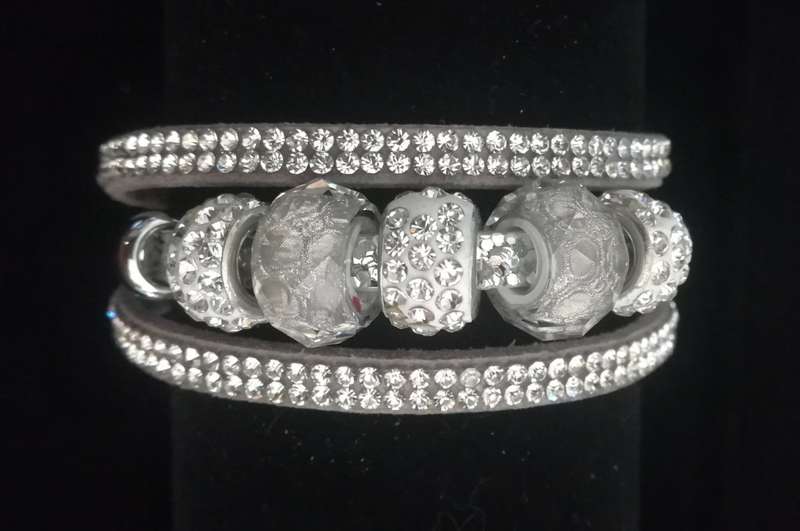Multilayer Grey Crystal Beaded & Rhinestone Vegan Leather & Suede Bracelet with Magnetic Clasp