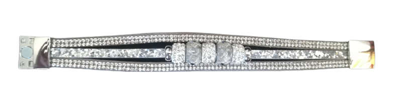 Multilayer Grey Crystal Beaded & Rhinestone Vegan Leather & Suede Bracelet with Magnetic Clasp