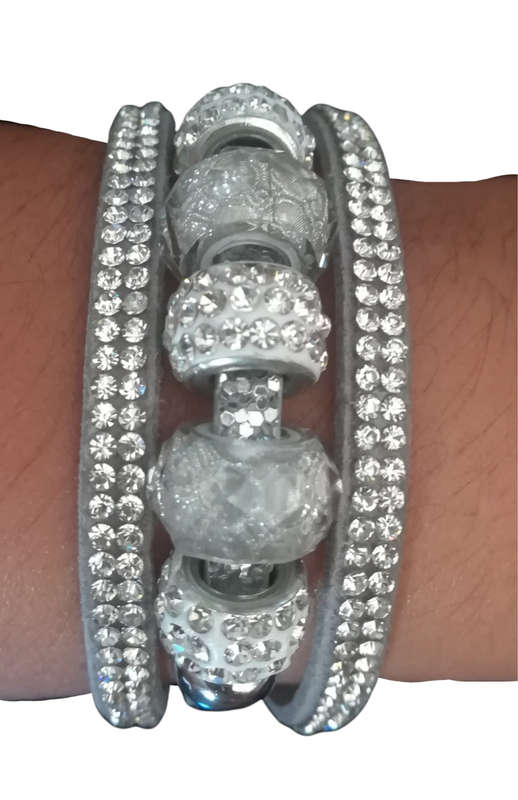 Multilayer Grey Crystal Beaded & Rhinestone Vegan Leather & Suede Bracelet with Magnetic Clasp