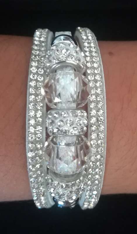 Multilayer White Crystal Beaded & Rhinestone Vegan Leather & Suede Bracelet with Magnetic Clasp