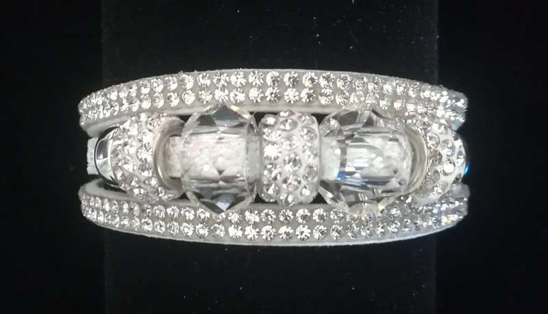 Multilayer White Crystal Beaded & Rhinestone Vegan Leather & Suede Bracelet with Magnetic Clasp