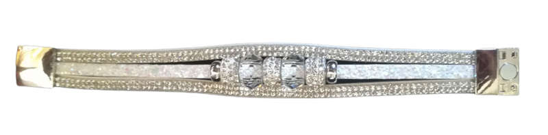 Multilayer White Crystal Beaded & Rhinestone Vegan Leather & Suede Bracelet with Magnetic Clasp