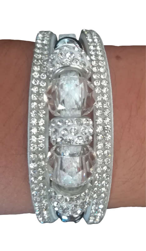 Multilayer White Crystal Beaded & Rhinestone Vegan Leather & Suede Bracelet with Magnetic Clasp