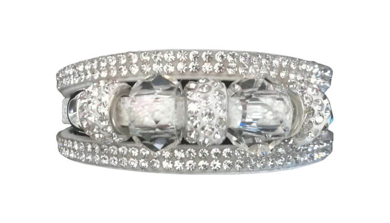 Multilayer White Crystal Beaded & Rhinestone Vegan Leather & Suede Bracelet with Magnetic Clasp
