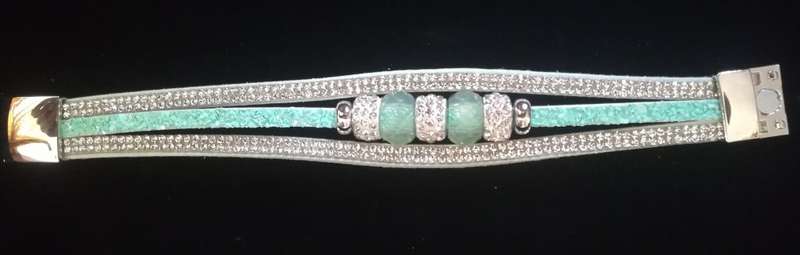 Multilayer Light Green Crystal Beaded & Rhinestone Vegan Leather & Suede Bracelet - Magnetic Clasp