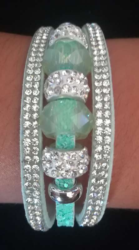 Multilayer Light Green Crystal Beaded & Rhinestone Vegan Leather & Suede Bracelet - Magnetic Clasp