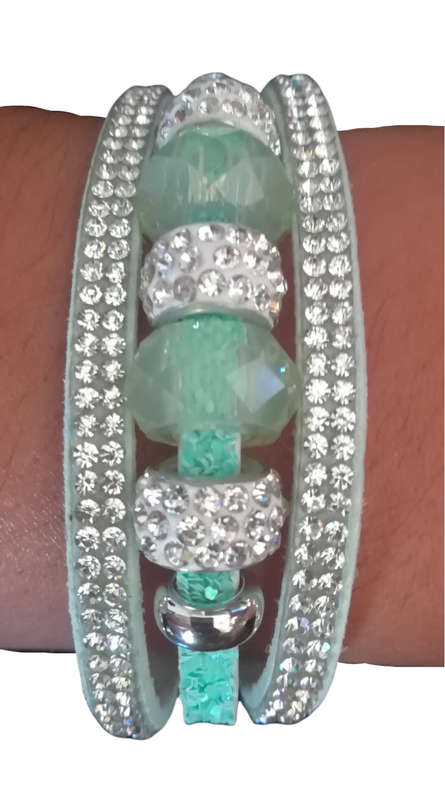 Multilayer Light Green Crystal Beaded & Rhinestone Vegan Leather & Suede Bracelet - Magnetic Clasp