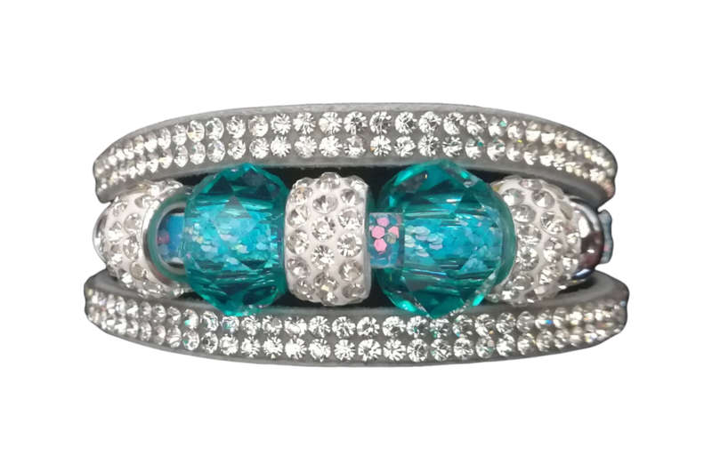Multilayer Light Blue Crystal Beaded & Rhinestone Vegan Leather & Suede Bracelet with Magnetic Clasp