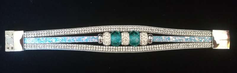 Multilayer Light Blue Crystal Beaded & Rhinestone Vegan Leather & Suede Bracelet with Magnetic Clasp