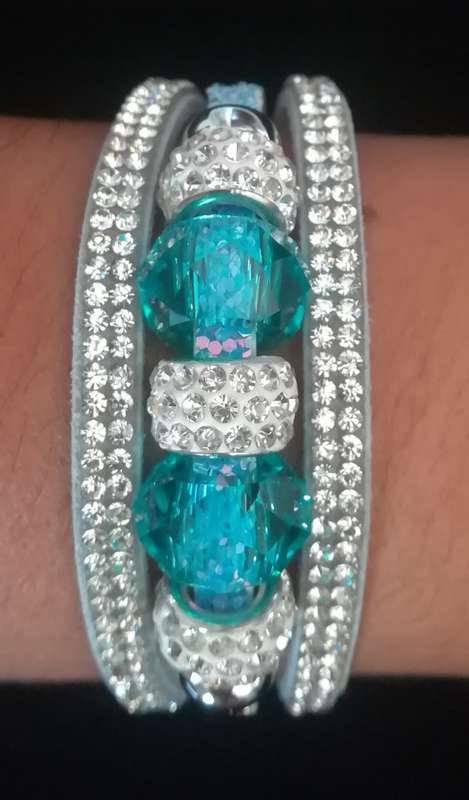 Multilayer Light Blue Crystal Beaded & Rhinestone Vegan Leather & Suede Bracelet with Magnetic Clasp