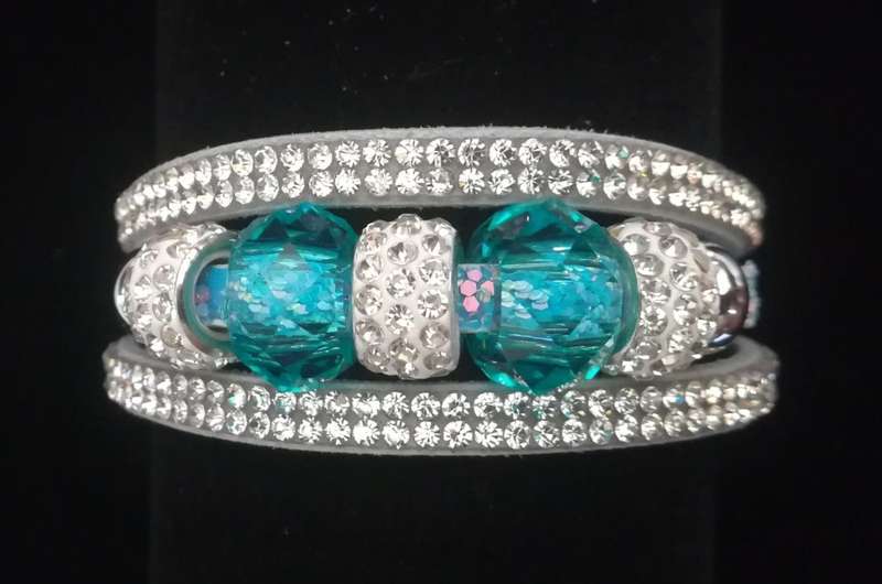 Multilayer Light Blue Crystal Beaded & Rhinestone Vegan Leather & Suede Bracelet with Magnetic Clasp