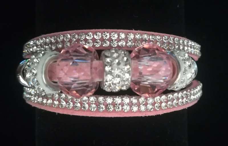 Multilayer Pink Crystal Beaded & Rhinestone Vegan Leather & Suede Bracelet with Magnetic Clasp