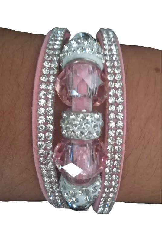 Multilayer Pink Crystal Beaded & Rhinestone Vegan Leather & Suede Bracelet with Magnetic Clasp