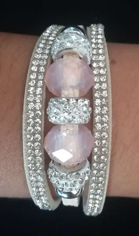 Multilayer Peach Crystal Beaded & Rhinestone Vegan Leather & Suede Bracelet with Magnetic Clasp