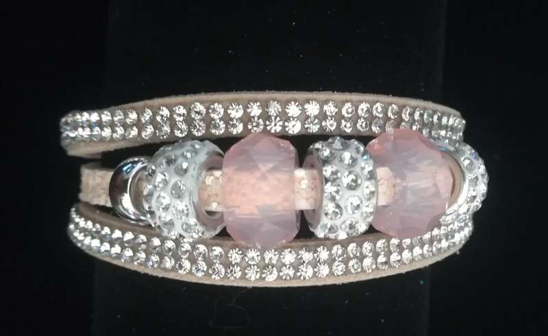 Multilayer Peach Crystal Beaded & Rhinestone Vegan Leather & Suede Bracelet with Magnetic Clasp