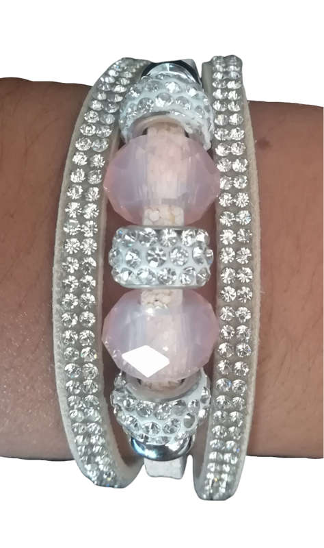 Multilayer Peach Crystal Beaded & Rhinestone Vegan Leather & Suede Bracelet with Magnetic Clasp