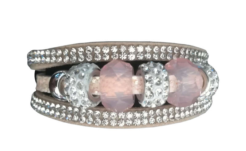 Multilayer Peach Crystal Beaded & Rhinestone Vegan Leather & Suede Bracelet with Magnetic Clasp