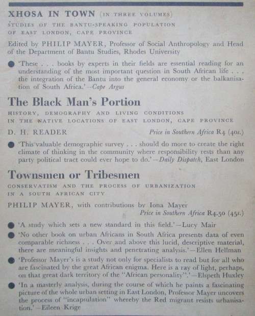 XHOSA IN TOWN 3 Volume series, The Back Man`s Portion, Townsmen or Tribesmen, The Second Generation