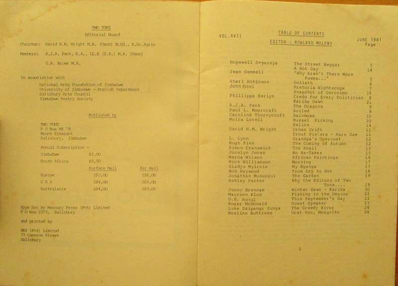 TWO TONE a quarterly of Zimbabwean Poetry VOL. XVII No. 2