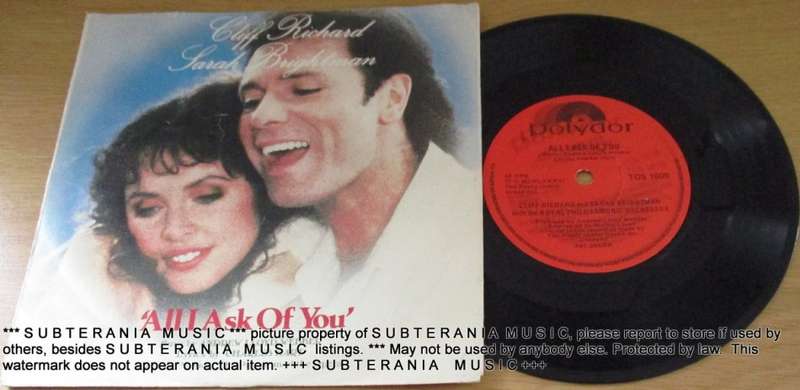 CLIFF RICHARD + SARAH BRIGHTMAN All I Ask of You 7` Single  BLACK vinyl