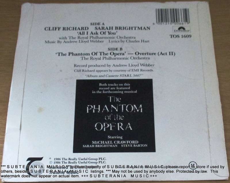 CLIFF RICHARD + SARAH BRIGHTMAN All I Ask of You 7` Single  BLACK vinyl