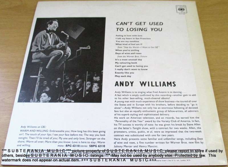 ANDY WILLIAMS  Can`t Get Used to Loving You VINYL RECORD