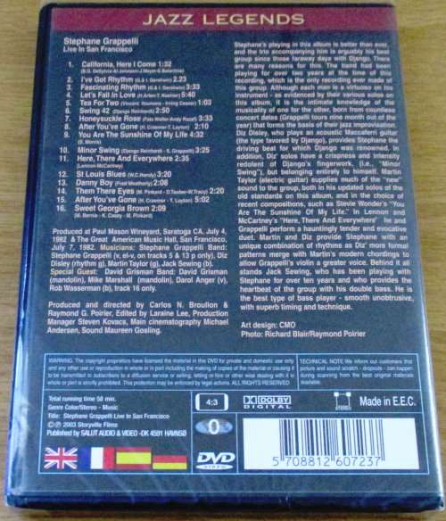 STEPHANE GRAPPELLI Live In San Francisco July 7, 1982 All Regions PAL DVD