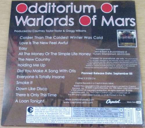 THE DANDY WARHOLS Odditorium or Warlords of Mars PROMO CD