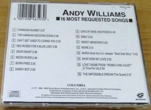 ANDY WILLIAMS  16 Most Requested Songs [Shelf G Box 12]