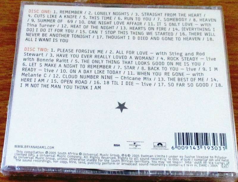 BRYAN ADAMS Anthology 2 X CD SOUTH AFRICA Cat# DARCD 3064