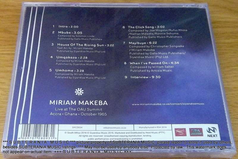 MIRIAM MAKEBA Live at The OAU Summit Accra Ghana October 1965 Cat# SIYCD034
