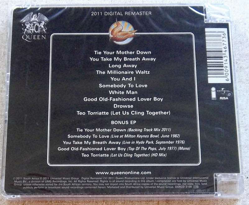 QUEEN A Day At The Races 2xCD 2011 REMASTER Remastered Deluxe Edition SOUTH AFRICA Cat# DARCD 3109