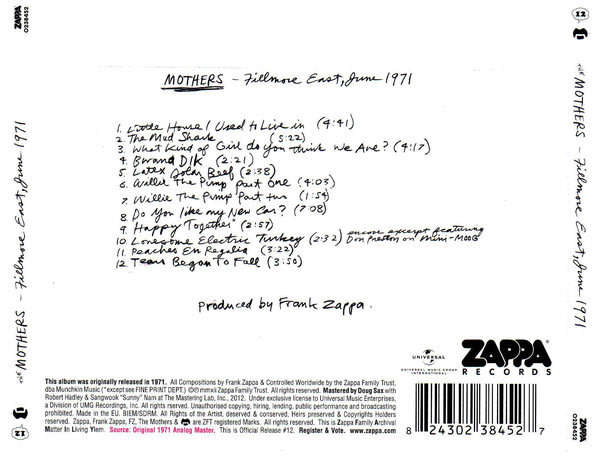 FRANK ZAPPA + MOTHERS OF INVENTION Fillmore East - June 1971 CD