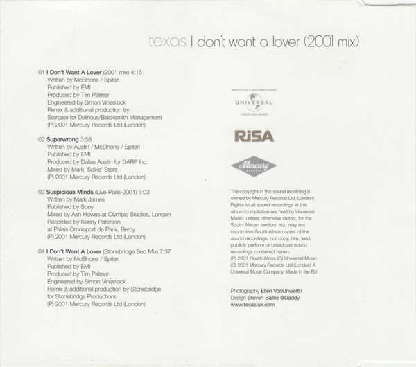 TEXAS I Don`t Want A Lover (2001 Mix) CD Single South African Pressing