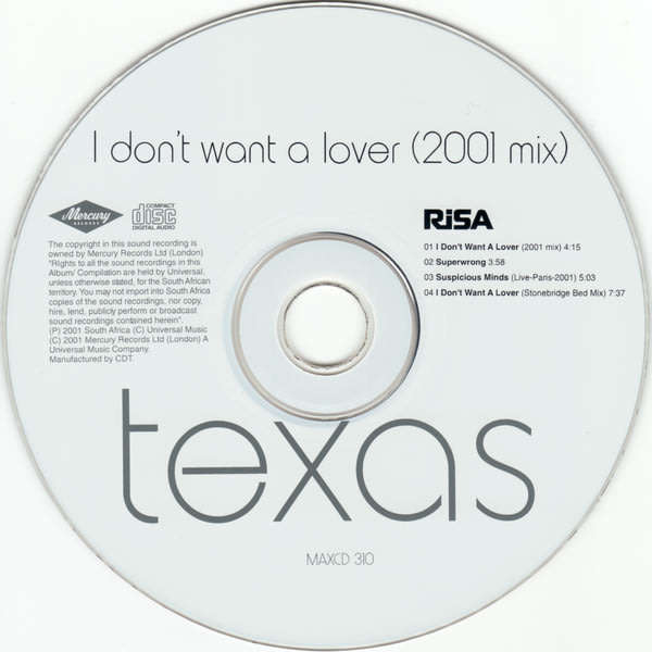 TEXAS I Don`t Want A Lover (2001 Mix) CD Single South African Pressing